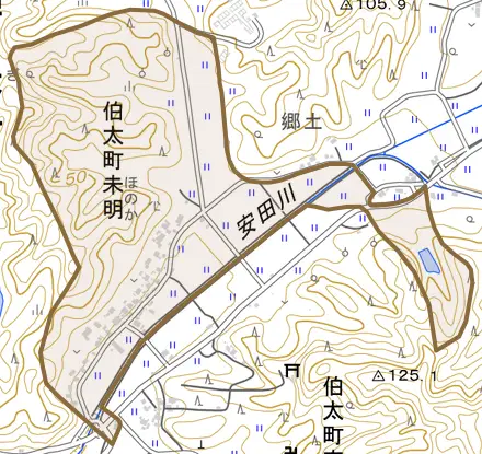 伯太町未明とその周辺の地図。町の範囲を重ねている