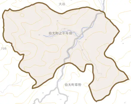 伯太町上十年畑とその周辺の地図。町の範囲を重ねている