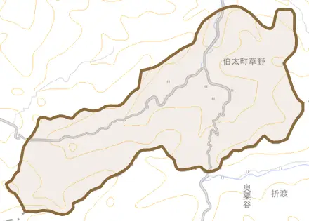 伯太町草野とその周辺の地図。町の範囲を重ねている