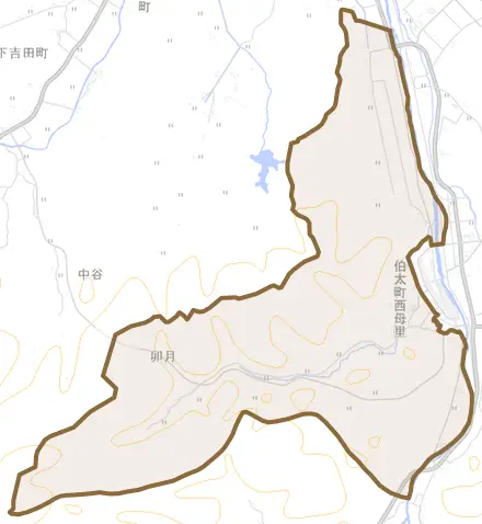 伯太町西母里とその周辺の地図。町の範囲を重ねている