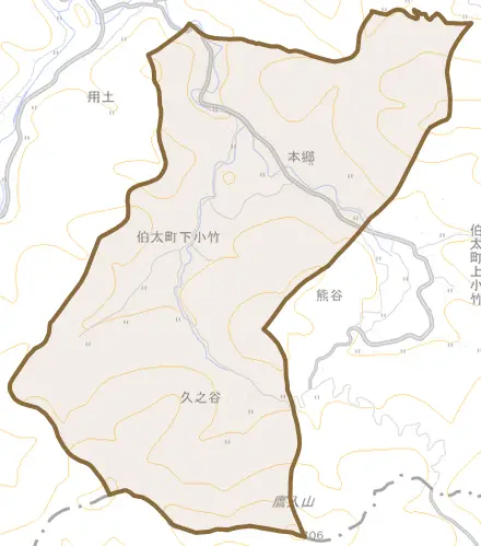 伯太町下小竹とその周辺の地図。町の範囲を重ねている