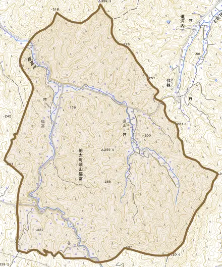 伯太町須山福冨とその周辺の地図。町の範囲を重ねている
