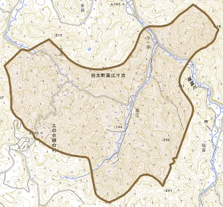 伯太町高江寸次とその周辺の地図。町の範囲を重ねている