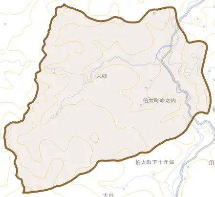 伯太町峠之内とその周辺の地図。町の範囲を重ねている