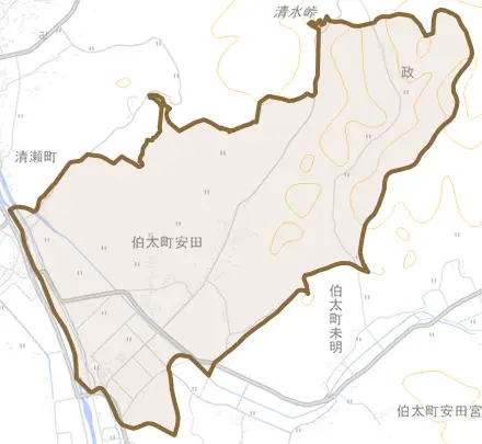伯太町安田とその周辺の地図。町の範囲を重ねている