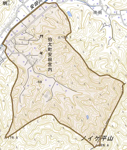 伯太町安田宮内とその周辺の地図。町の範囲を重ねている