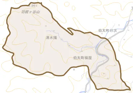 伯太町横屋とその周辺の地図。町の範囲を重ねている