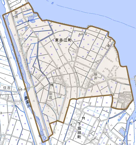 東赤江町とその周辺の地図。町の範囲を重ねている