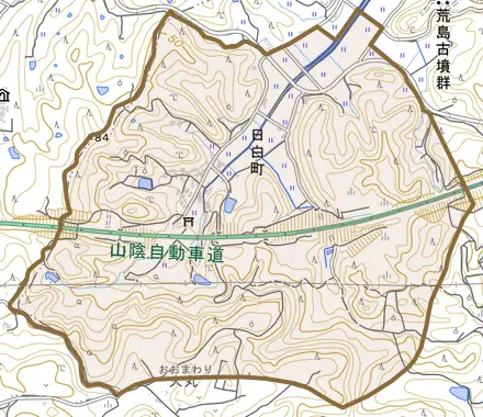 日白町とその周辺の地図。町の範囲を重ねている