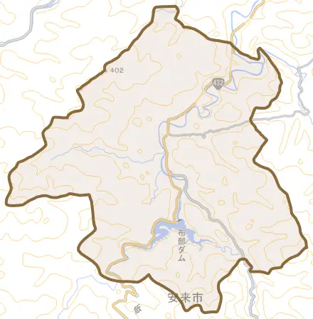 広瀬町布部とその周辺の地図。町の範囲を重ねている