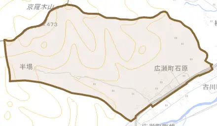 広瀬町石原とその周辺の地図。町の範囲を重ねている