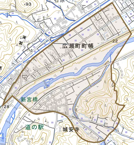 広瀬町町帳とその周辺の地図。町の範囲を重ねている