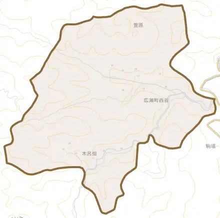 広瀬町西谷とその周辺の地図。町の範囲を重ねている