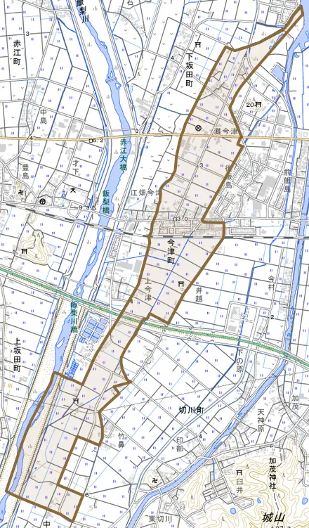 今津町とその周辺の地図。町の範囲を重ねている