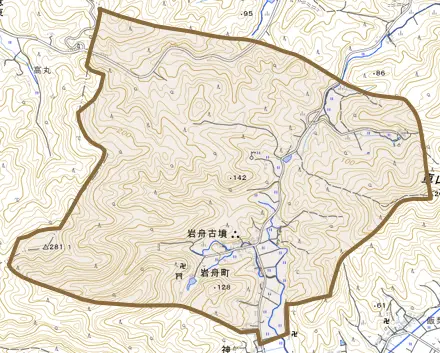 岩舟町とその周辺の地図。町の範囲を重ねている