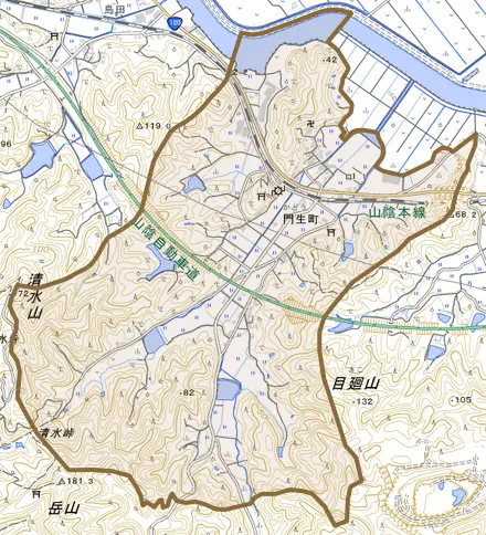 門生町とその周辺の地図。町の範囲を重ねている