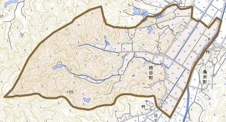 柿谷町とその周辺の地図。町の範囲を重ねている