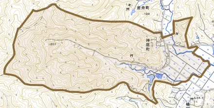 神庭町とその周辺の地図。町の範囲を重ねている