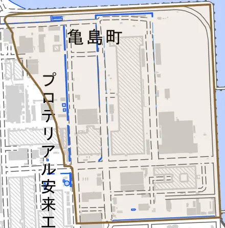 亀島町とその周辺の地図。町の範囲を重ねている