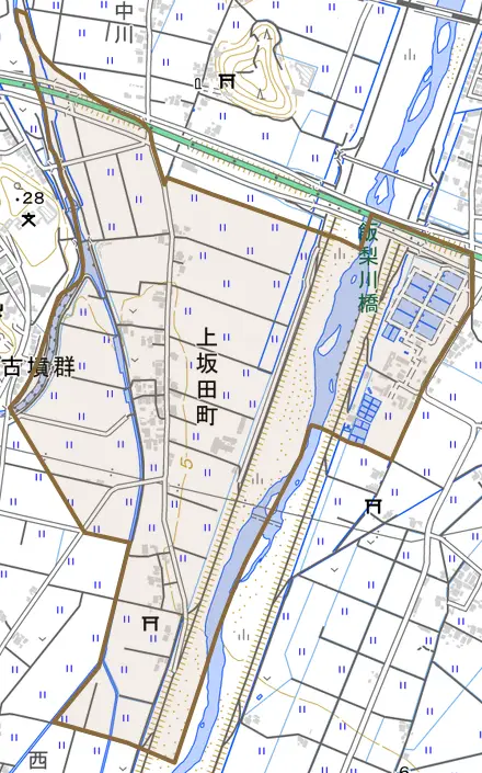 上坂田町とその周辺の地図。町の範囲を重ねている