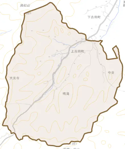 上吉田町とその周辺の地図。町の範囲を重ねている
