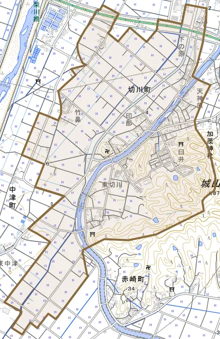 切川町とその周辺の地図。町の範囲を重ねている