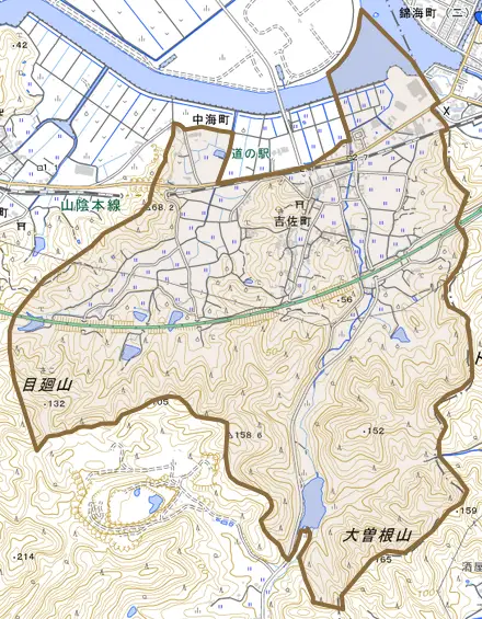 吉佐町とその周辺の地図。町の範囲を重ねている