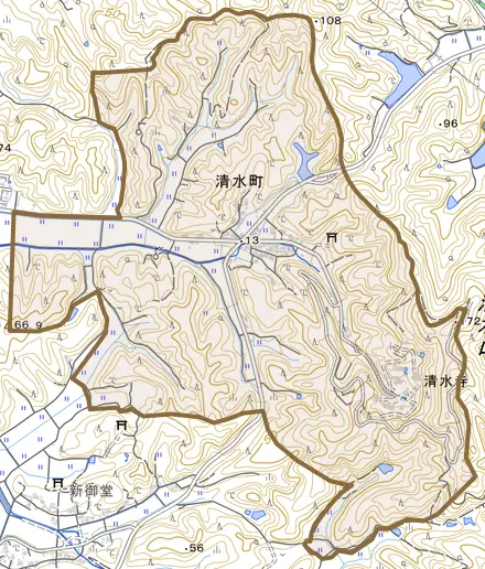 清水町とその周辺の地図。町の範囲を重ねている