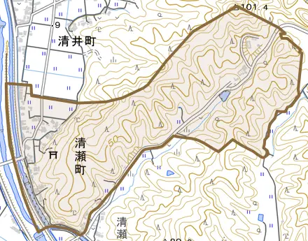 清瀬町とその周辺の地図。町の範囲を重ねている
