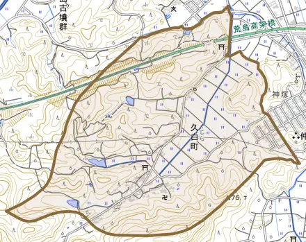久白町とその周辺の地図。町の範囲を重ねている