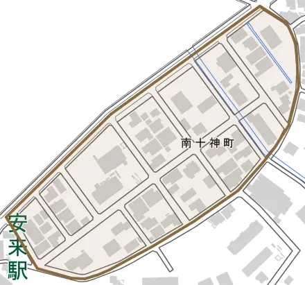 南十神町とその周辺の地図。町の範囲を重ねている