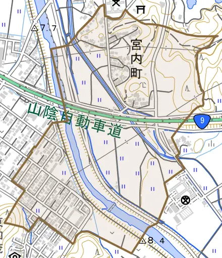 宮内町とその周辺の地図。町の範囲を重ねている
