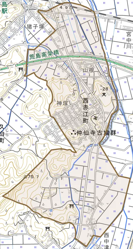 西赤江町とその周辺の地図。町の範囲を重ねている