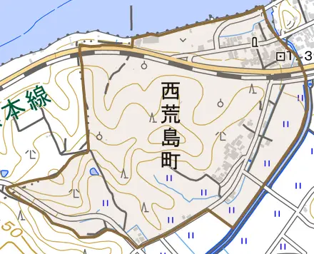 西荒島町とその周辺の地図。町の範囲を重ねている