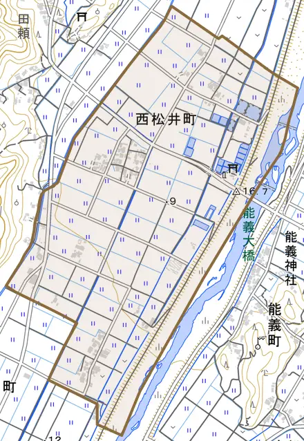 西松井町とその周辺の地図。町の範囲を重ねている