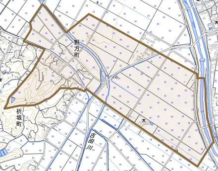 野方町とその周辺の地図。町の範囲を重ねている