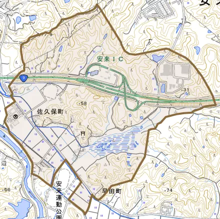 佐久保町とその周辺の地図。町の範囲を重ねている