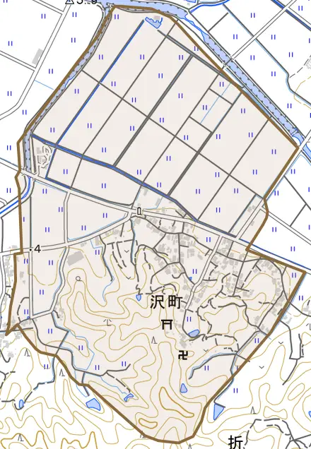 沢町とその周辺の地図。町の範囲を重ねている