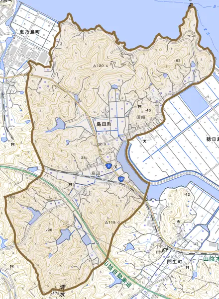 島田町とその周辺の地図。町の範囲を重ねている