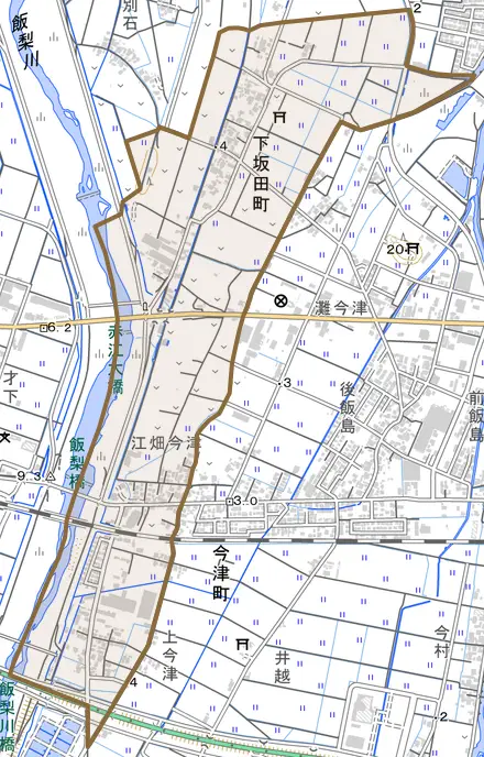 下坂田町とその周辺の地図。町の範囲を重ねている