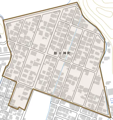 新十神町とその周辺の地図。町の範囲を重ねている