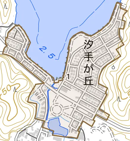 汐手が丘とその周辺の地図。町の範囲を重ねている