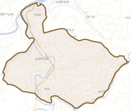 広瀬町菅原とその周辺の地図。町の範囲を重ねている