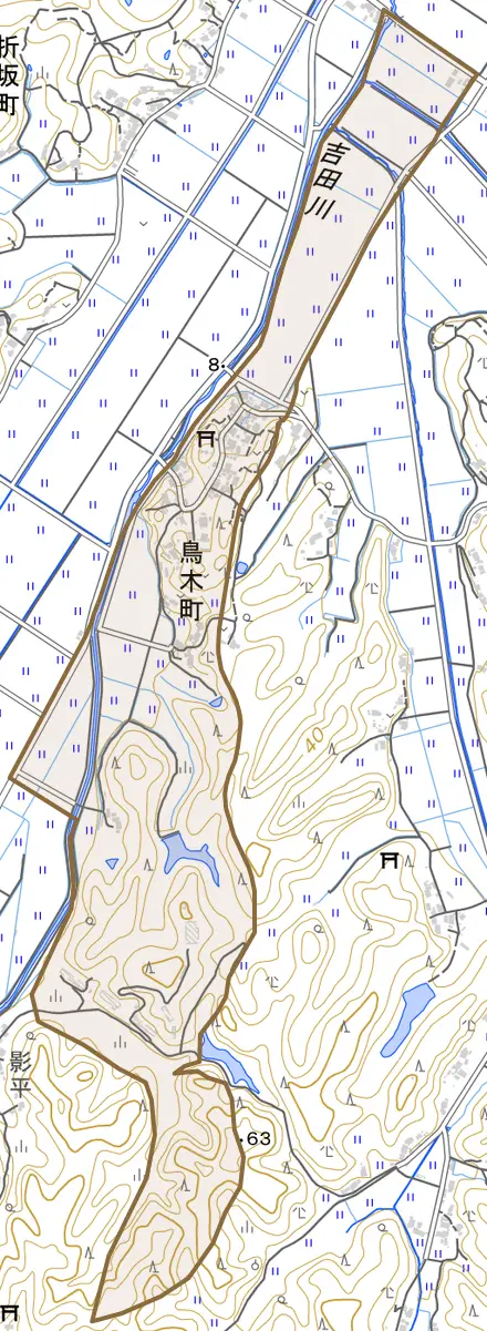 鳥木町とその周辺の地図。町の範囲を重ねている