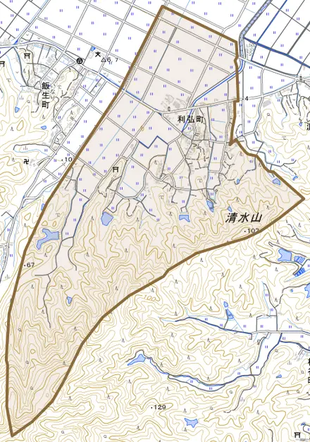 利弘町とその周辺の地図。町の範囲を重ねている