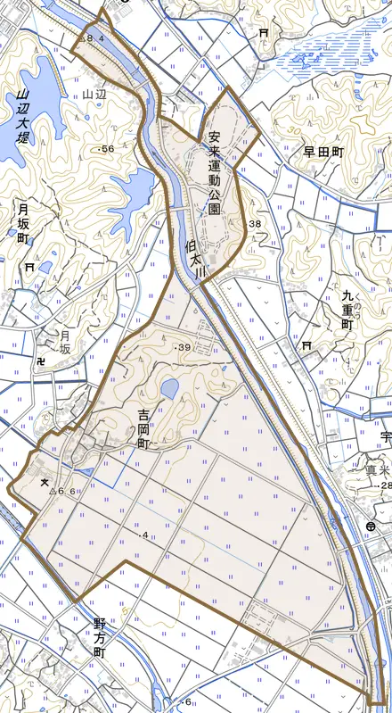 吉岡町とその周辺の地図。町の範囲を重ねている