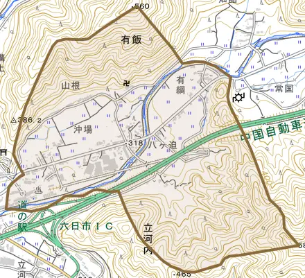 有飯とその周辺の地図。町の範囲を重ねている