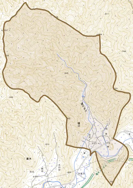 樋口とその周辺の地図。町の範囲を重ねている