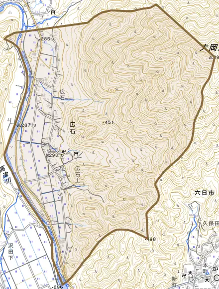 広石とその周辺の地図。町の範囲を重ねている
