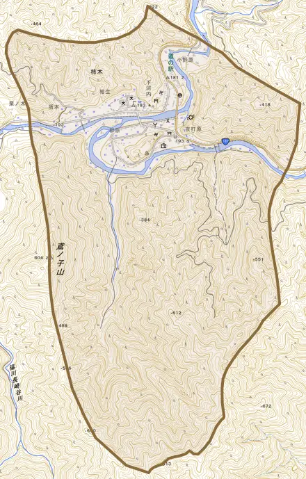 柿木とその周辺の地図。町の範囲を重ねている